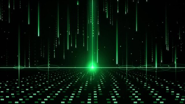 Green matrix code falling digital rain cyber background with futuristic perspective grid stream