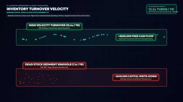 Comprehensive Financial Data Visualization of Inventory Turnover Velocity and Supply Chain Management Efficiency Performance Metrics Representing Retail Stock Control and Business Growth Analytics