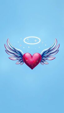Delicate winged heart design with stars and halo on a soft blue background, spirituality, || celestial