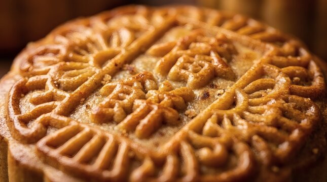 Close-up of Traditional Mooncake with Intricate Patterns and Chinese Characters for Mid-Autumn Festival
