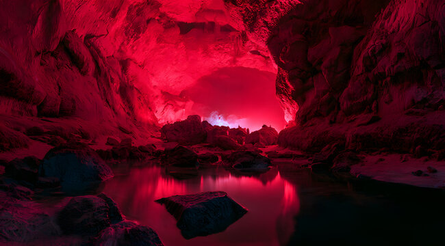 A mystical subterranean cave bathed in striking red light, featuring rugged rock formations that reflect in a tranquil dark water pool. The surreal cavern landscape, illuminated by the glowing crimson