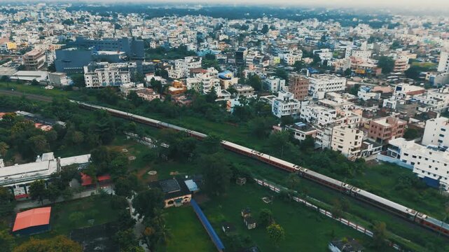 Top down view of Rajdhani Train running on the tracks towards the Delhi Junction. Delhi train. 