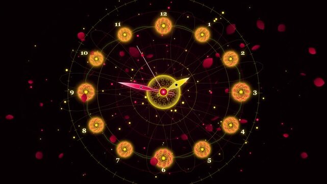 Mystical glowing digital clock counting down with floating red flower petals on black background