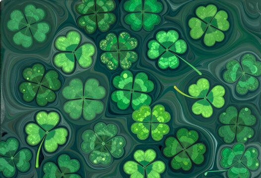 Good luck and fortune concept, four leaf clovers pattern on abstract green marble background for Saint Patricks Day celebration and success themes