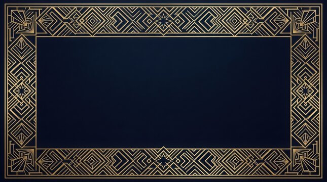 Intricate golden art deco pattern border on a solid navy blue background with geometric symmetrical background