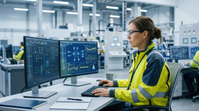 Female engineer in high visibility jacket working on technical schematics in factory