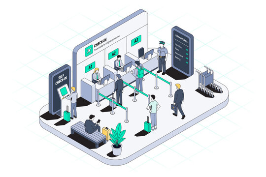 Modern hand drawn isometric airport check-in scene featuring passengers, check-in counters, self-service kiosks, departure information displays, luggage carts and airport staff.
