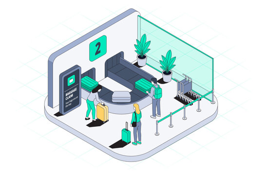 Modern hand drawn isometric airport baggage claim scene featuring travelers collecting luggage from a baggage carousel, suitcases, luggage carts, airport signage and passenger waiting areas.
