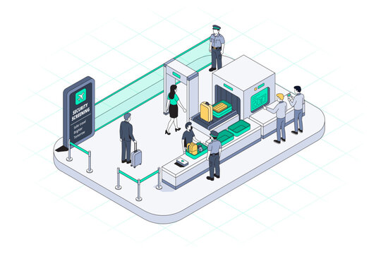 Modern hand drawn isometric airport security screening scene featuring travelers passing through a security checkpoint, X-ray baggage scanner, security staff, luggage trays and airport screening equip