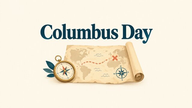 Colorful columbus day illustration with map and compass
