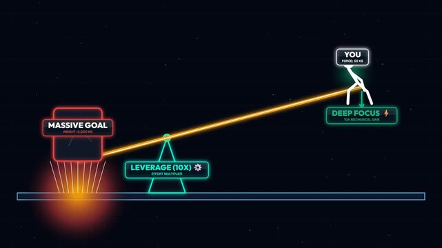 Conceptual neon animation of Archimedes principle of leverage used as a metaphor for productivity, illustrating how deep focus and mechanical advantage can lift and achieve massive goals and weight.