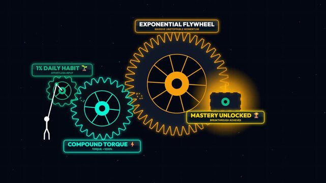 Conceptual Animation of a Kinetic Gear Train Representing Exponential Growth and Compound Interest through Daily Habits with Neon Outlines on a Dark Background for Science and Business Growth