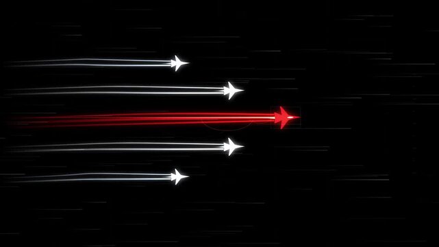 Red leader jet plane flying ahead of white trailing aircraft in fast speed motion graphics loop