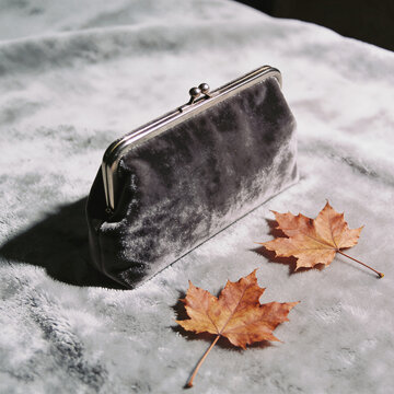 Black velvet clutch with a silver frame beside dried maple leaves on gray fabric