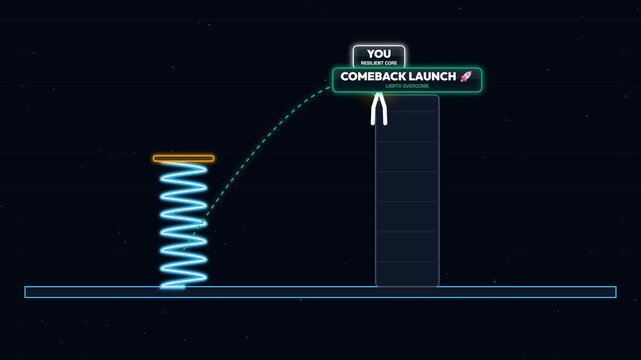 2D Animation Illustrating Physics Concept of Resilience and Potential Energy Using a Compression Spring Metaphor for Overcoming Adversity and Launching a Successful Comeback
