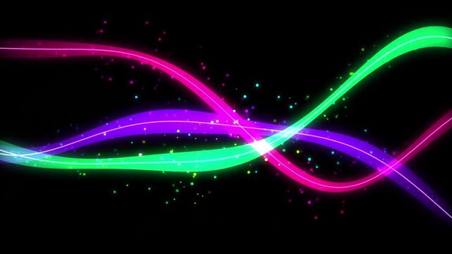 Vibrant glowing neon wave lines in pink purple and green with floating particles on black background