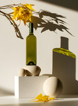 A green wine bottle stands on a white base, illuminated by shadows that fall from a branch and the bottle itself. Surrounding elements include yellow leaves and a few balls. The composition is a minim