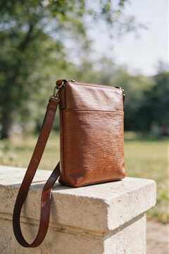 Tan leather crossbody bag with a long strap on a light concrete block outdoors