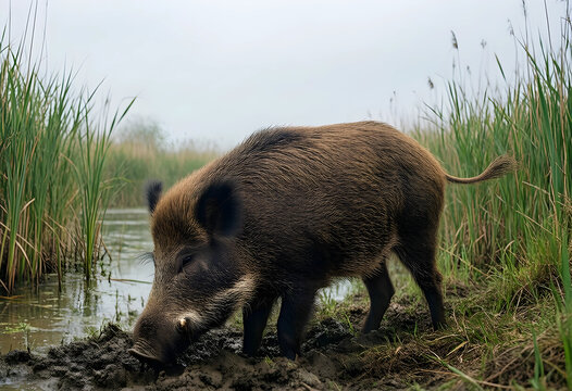 Wild boar in natural habitat, wildlife conservation and biodiversity concept, feral pig foraging in muddy wetland with tall reeds and river water