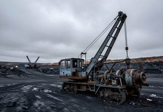 Industrial decline and environmental impact, abandoned heavy machinery in a coal mine landscape with overcast sky and dark terrain of extraction site