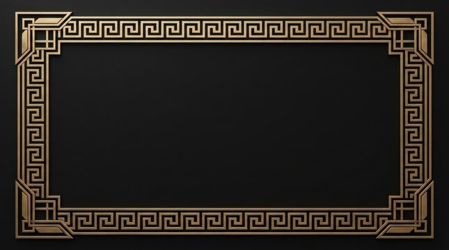 Elegant golden greek key border frame on dark background with geometric classical ornamental rectangle background
