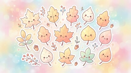 Fototapeta premium Cute happy cartoon leaves with blush, berries, and acorns. Soft pink, blue, yellow gradient background with bokeh and stars. Playful, dreamy autumn.