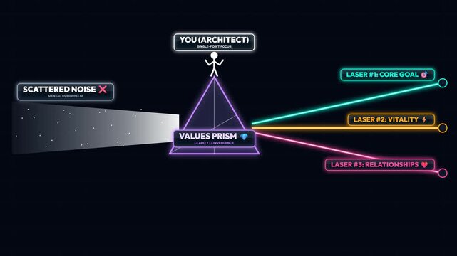Conceptual Digital Illustration Showing a Values Prism Metaphor for Personal Clarity Transforming Scattered Noise into Focused Laser Beams for Core Goals, Vitality, and Relationships.