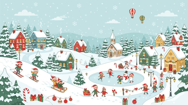 Children enjoying winter holiday activities in a snowy village