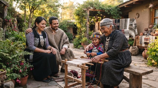 An Indigenous grandmother teaching a young girl traditional loom weaving outdoors with her family watching