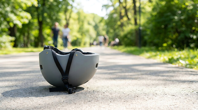 Grey bicycle helmet resting on a park path