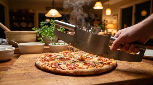 Chef Slicing Freshly Baked Pizza with Large Rocker Knife on Wood