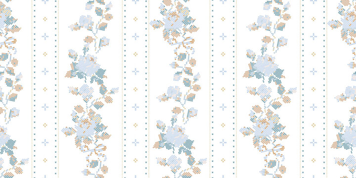 Vintage Cross Stitch Rose Vertical Stripe Seamless Pattern, Blue Floral Embroidery Border