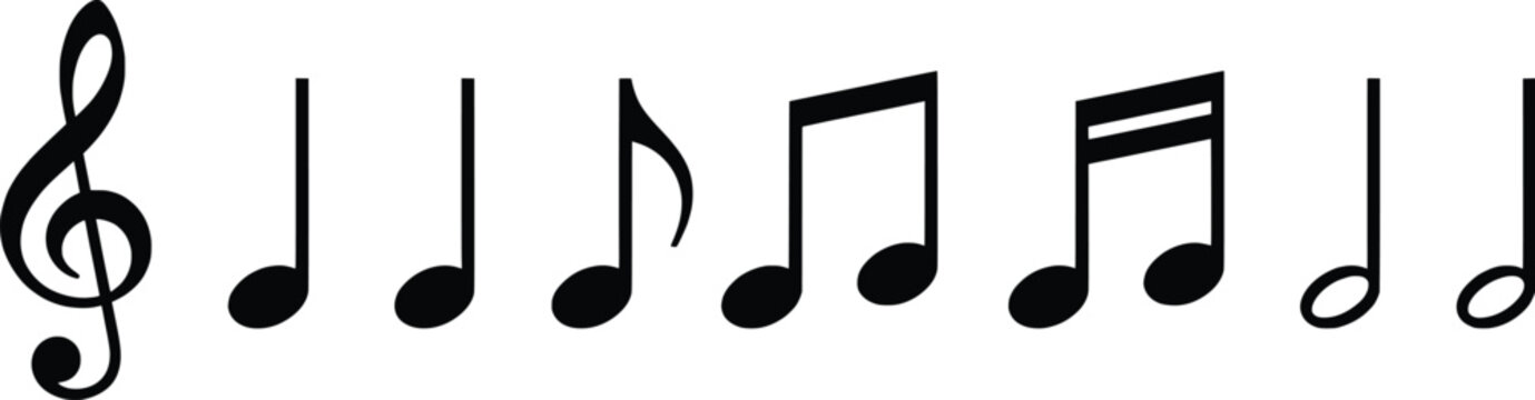 Musical notes vector collection, black music notation symbols and treble clef icons, rhythmic sound elements for graphic design and education