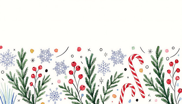 Watercolor christmas floral and candy cane border design on white background