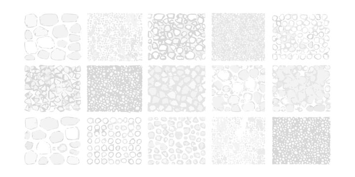 A collection of fifteen gray pebble and stone patterns is presented against a white background textures grayish rock cobblestone geological geology mineral mineralogy