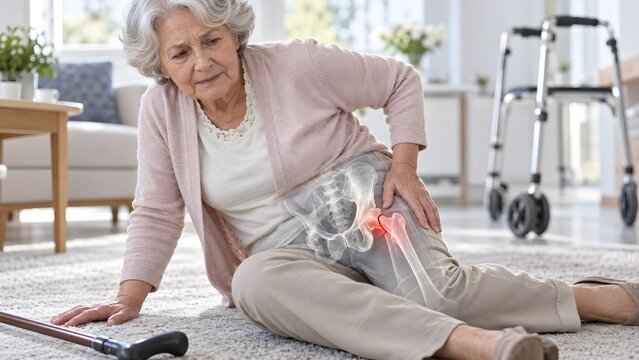 Detailed 3D medical illustration showing a transparent anatomical overlay of a fractured femur and hip joint on a senior woman after a fall at home