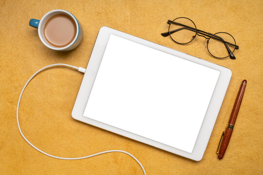 blank isolated screen (clipping path included) against abstract paper landscape