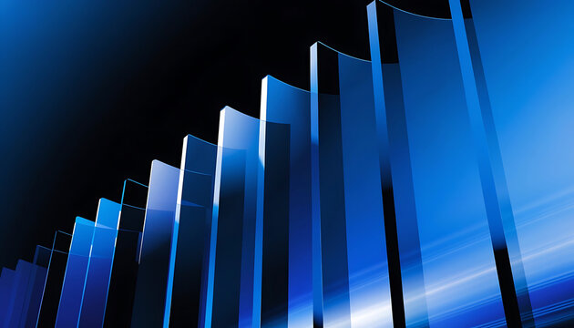 Vertical blue glass dividers arranged in a rhythmic perspective with glass partitions
