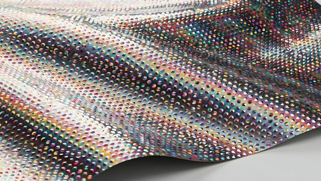 Close-up of a colorful rhinestone fabric with shimmering detail and textured surface