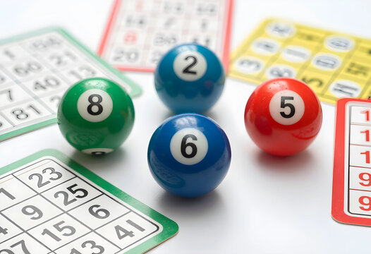 Bingo game and gambling entertainment, colorful lottery balls with numbers and paper cards for leisure activity and chance competition on white background