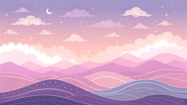 Dreamy landscape illustration with rolling hills under a starry twilight sky