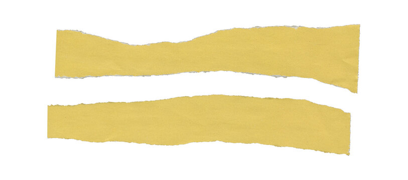 Set of two yellow torn paper strips with long horizontal shapes, rough ripped edges, slight waviness, and lightly wrinkled surfaces arranged in parallel on transparent background