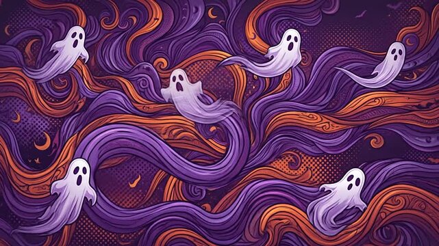 Swirling purple Halloween background with floating white ghosts
