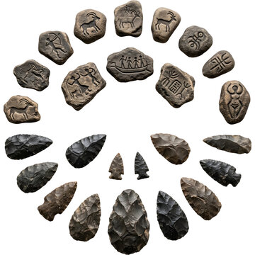Prehistoric Cave Art Stones and Primitive Flint Arrowhead Tools