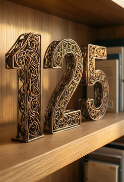 Anniversary celebration and milestone concept, decorative metal number 125 on wooden shelf with books for corporate event or birthday commemoration