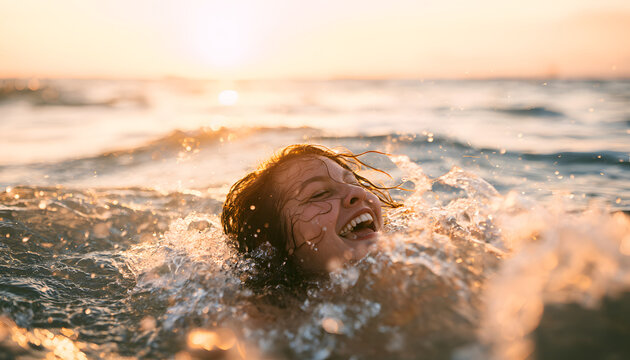 A joyful woman chuckles as golden sunlight bathes the ocean. A female revels in the playful waves near a tropical seaside retreat. A smiling girl frolics in the summer sea, having a good time. A young