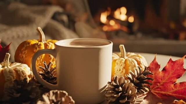Cozy autumn setting with a steaming mug, gourds, pine cones, and fall foliage against a warm fireplace background