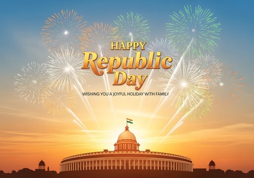 Happy republic day greeting with parliament building