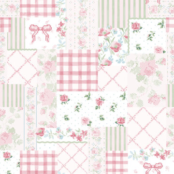Romantic Cottagecore Patchwork Pattern with Pink Roses, Bows and Gingham