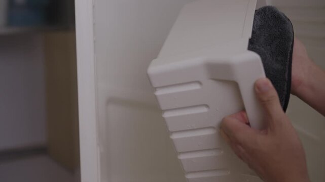 Housekeeper performing house chores by wiping and placing clean plastic container drawer inside fresh, empty freezer, ensuring proper hygiene and maintenance in kitchen, close-up, slow motion.